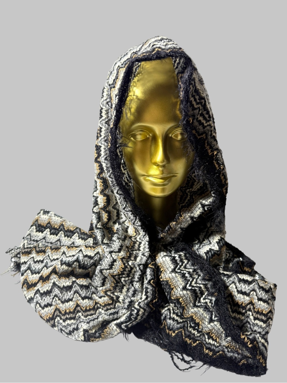 Missoni Black, White & Gold Zigzag Knit Hooded Wrap Scarf